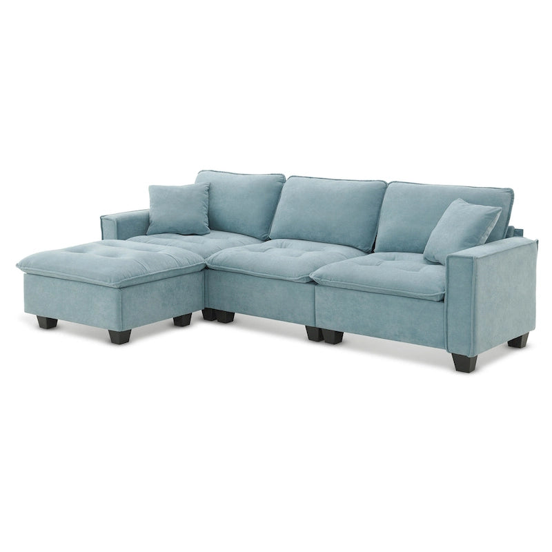 Canapé d'angle convertible 4 places en forme de L bleu 100 avec pouf amovible et coussins assortis, idéal pour le salon