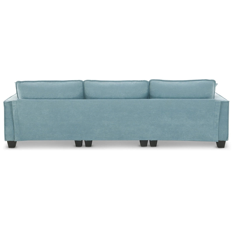 Canapé d'angle convertible 4 places en forme de L bleu 100 avec pouf amovible et coussins assortis, idéal pour le salon