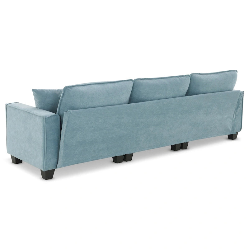 Canapé d'angle convertible 4 places en forme de L bleu 100 avec pouf amovible et coussins assortis, idéal pour le salon