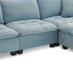 Canapé d'angle convertible 4 places en forme de L bleu 100 avec pouf amovible et coussins assortis, idéal pour le salon
