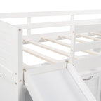 Lit mezzanine bas en pin pour deux personnes avec placards, étagères et toboggan