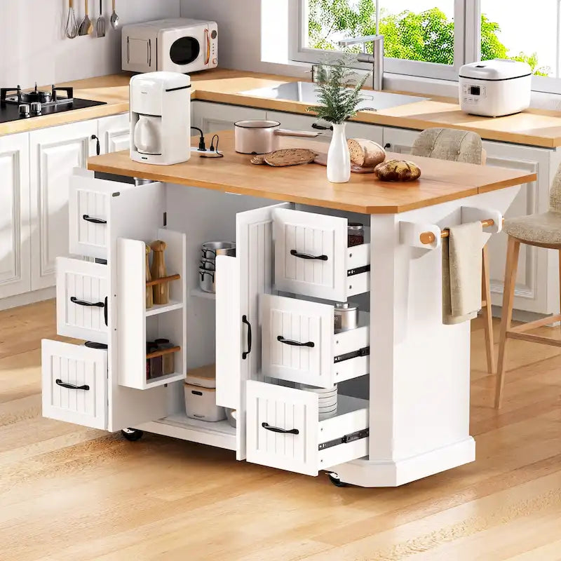 Îlot de cuisine extensible à abattants, chariot de cuisine sur 4 roues avec prise électrique, table îlot mobile avec 2 portes et 6 tiroirs