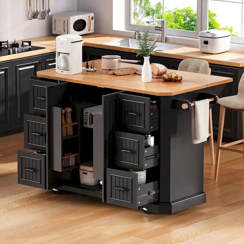 Îlot de cuisine extensible à abattants, chariot de cuisine sur 4 roues avec prise électrique, table îlot mobile avec 2 portes et 6 tiroirs