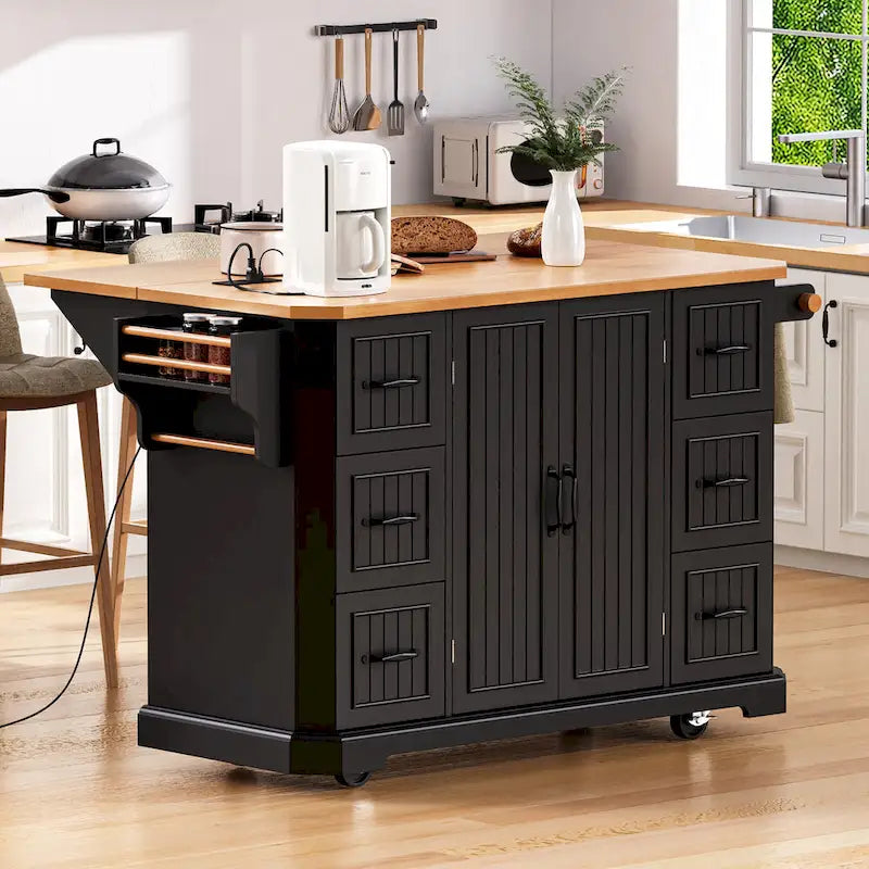 Îlot de cuisine extensible à abattants, chariot de cuisine sur 4 roues avec prise électrique, table îlot mobile avec 2 portes et 6 tiroirs