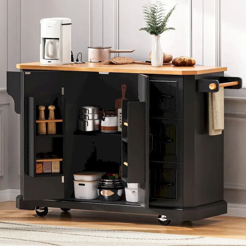 Îlot de cuisine extensible à abattants, chariot de cuisine sur 4 roues avec prise électrique, table îlot mobile avec 2 portes et 6 tiroirs