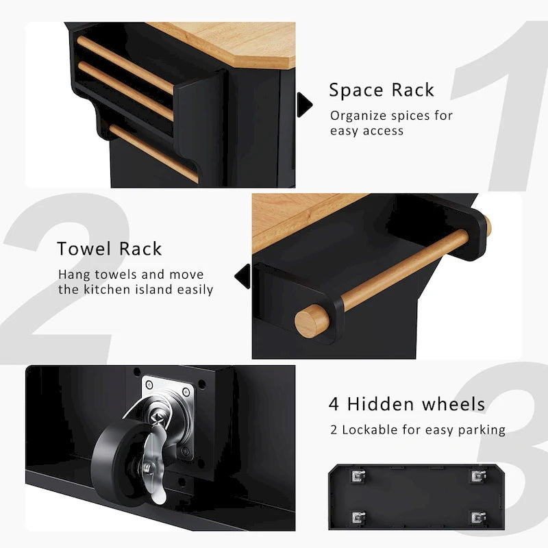 Îlot de cuisine extensible à abattants, chariot de cuisine sur 4 roues avec prise électrique, table îlot mobile avec 2 portes et 6 tiroirs
