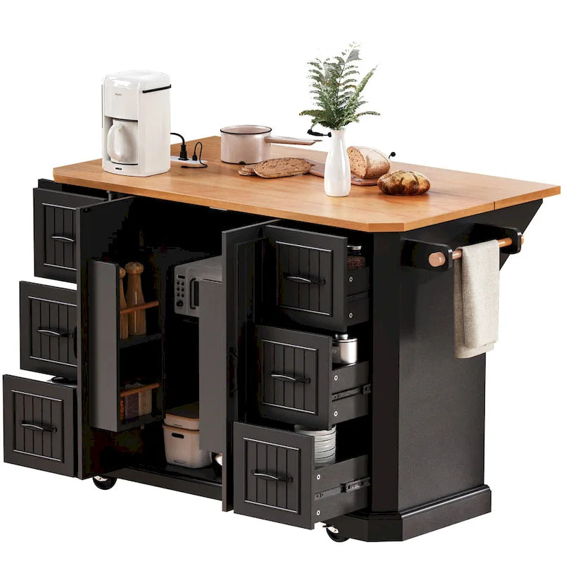 Îlot de cuisine extensible à abattants, chariot de cuisine sur 4 roues avec prise électrique, table îlot mobile avec 2 portes et 6 tiroirs