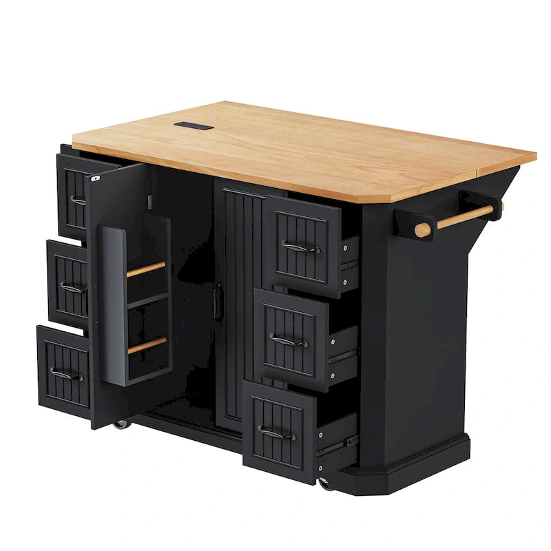 Îlot de cuisine extensible à abattants, chariot de cuisine sur 4 roues avec prise électrique, table îlot mobile avec 2 portes et 6 tiroirs