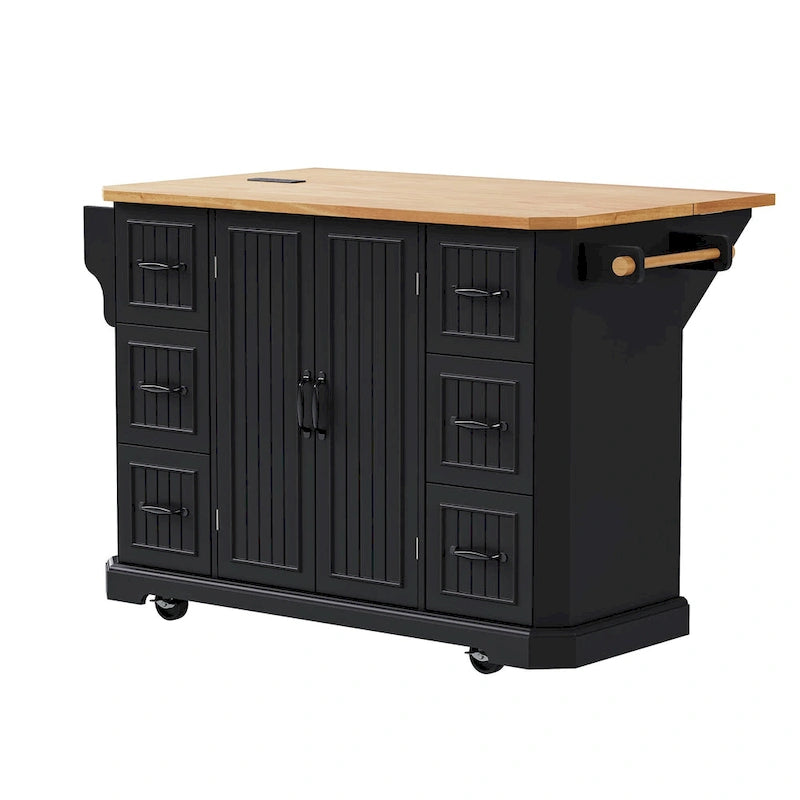 Îlot de cuisine extensible à abattants, chariot de cuisine sur 4 roues avec prise électrique, table îlot mobile avec 2 portes et 6 tiroirs