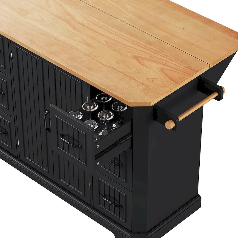 Îlot de cuisine extensible à abattants, chariot de cuisine sur 4 roues avec prise électrique, table îlot mobile avec 2 portes et 6 tiroirs