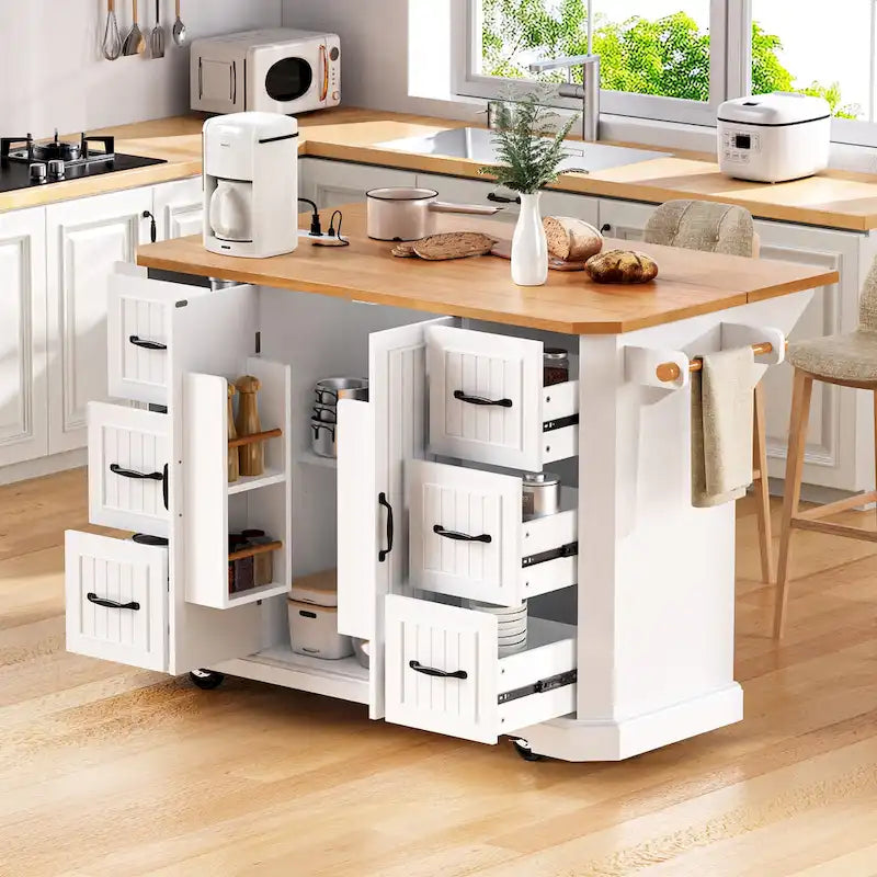 Îlot de cuisine extensible à abattants, chariot de cuisine sur 4 roues avec prise électrique, table îlot mobile avec 2 portes et 6 tiroirs