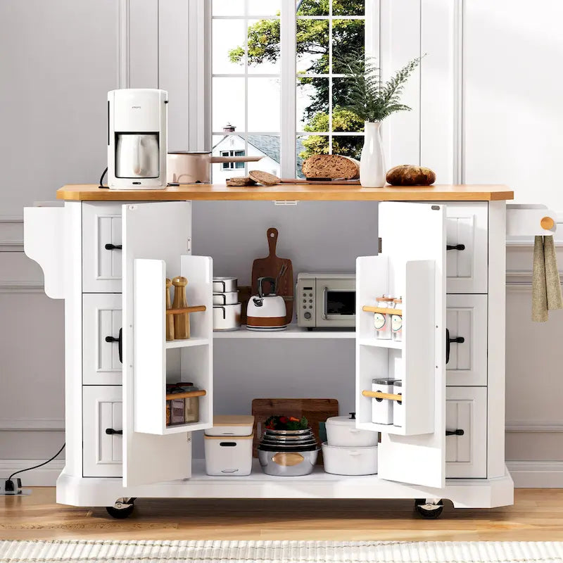 Îlot de cuisine extensible à abattants, chariot de cuisine sur 4 roues avec prise électrique, table îlot mobile avec 2 portes et 6 tiroirs