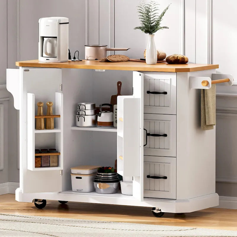 Îlot de cuisine extensible à abattants, chariot de cuisine sur 4 roues avec prise électrique, table îlot mobile avec 2 portes et 6 tiroirs