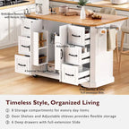 Îlot de cuisine extensible à abattants, chariot de cuisine sur 4 roues avec prise électrique, table îlot mobile avec 2 portes et 6 tiroirs
