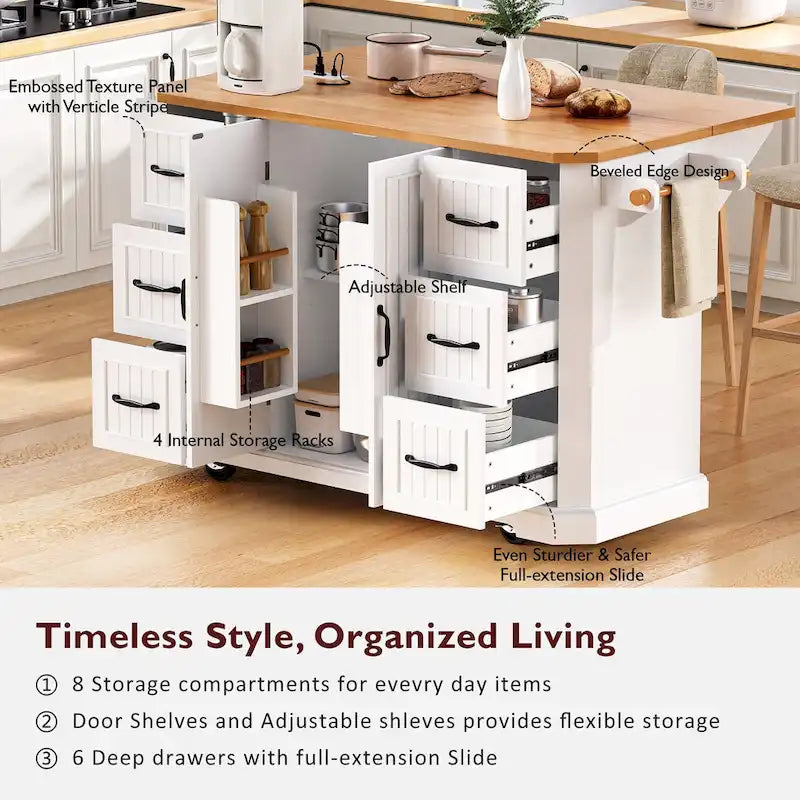 Îlot de cuisine extensible à abattants, chariot de cuisine sur 4 roues avec prise électrique, table îlot mobile avec 2 portes et 6 tiroirs