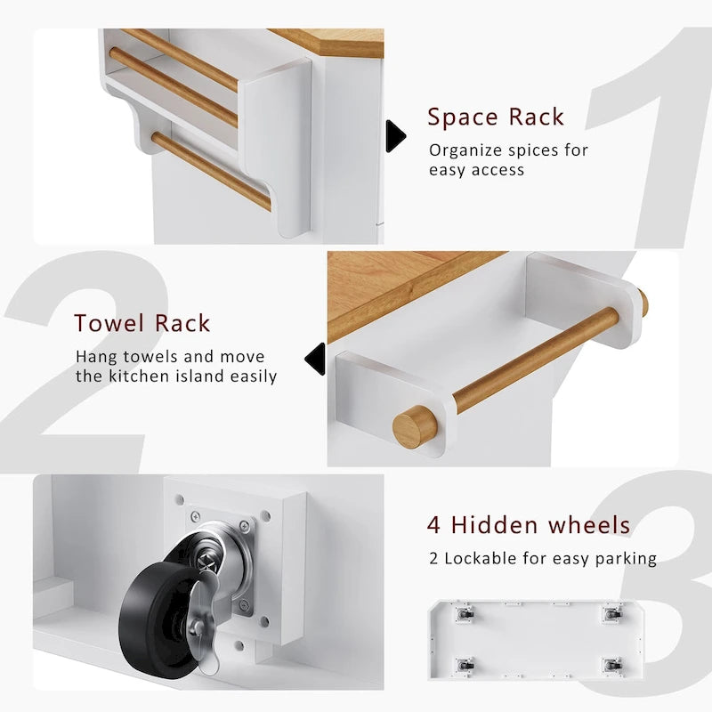 Îlot de cuisine extensible à abattants, chariot de cuisine sur 4 roues avec prise électrique, table îlot mobile avec 2 portes et 6 tiroirs