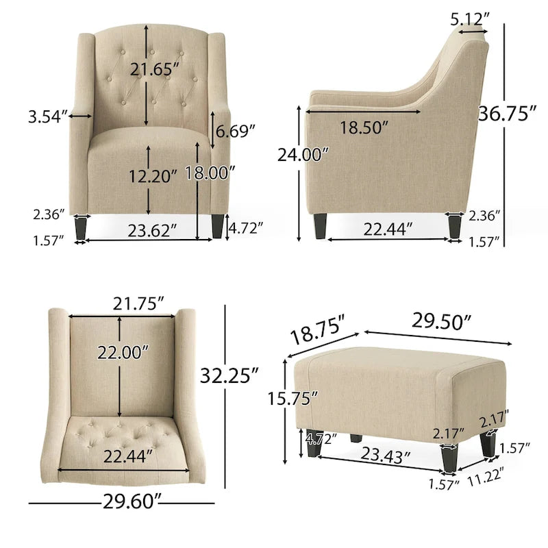 Fauteuil club Elaine en tissu capitonné beige clair avec repose-pieds, par Christopher Knight Home