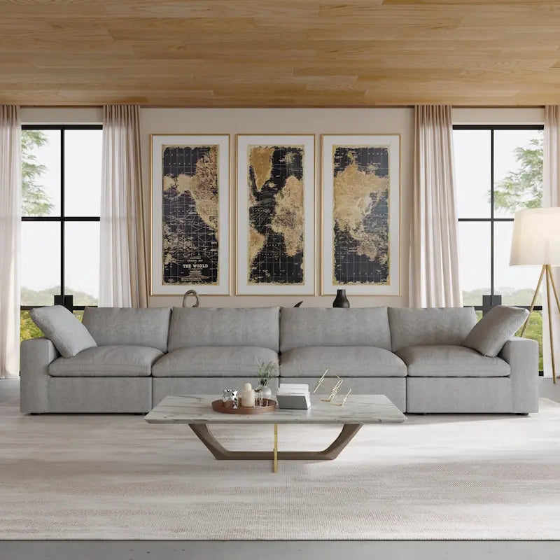 Canapé d'angle moderne en lin, 160,6 pouces, avec plusieurs coussins.