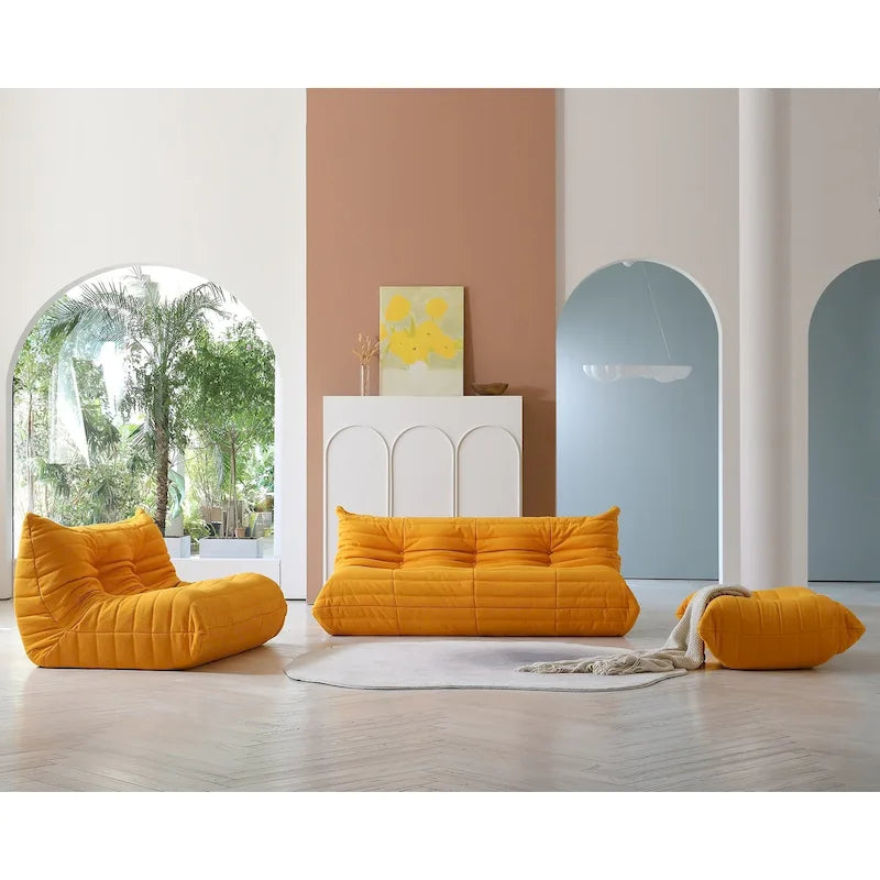 Canapé de sol en velours Teddy, canapé confortable avec soutien dorsal et pouf