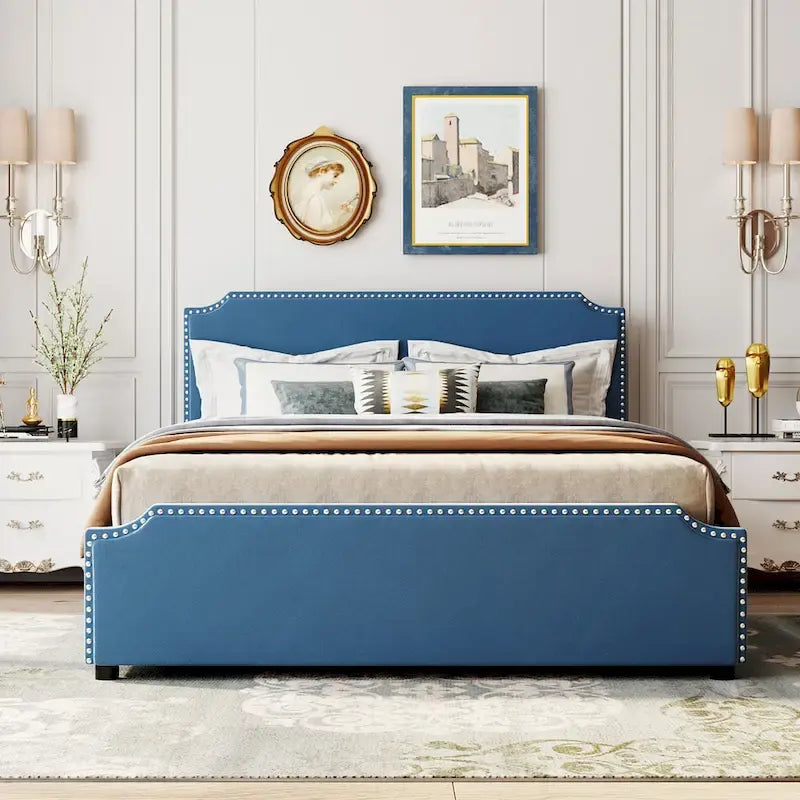 Upholstered Platform Bed with Stud Trim Headboard and Footboard and 4 Drawers No Box Spring Needed, Velvet Fabric