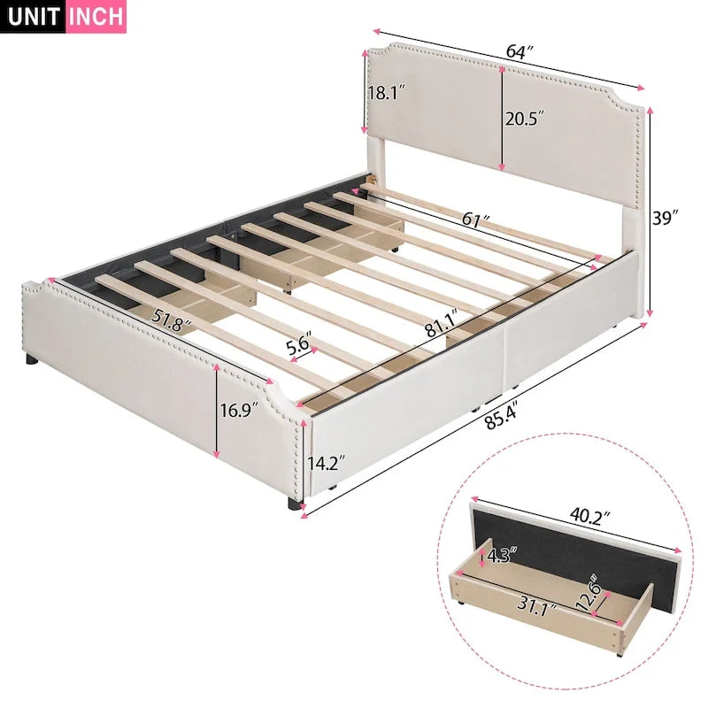 Lit plateforme capitonné avec tête et pied de lit à clous décoratifs et 4 tiroirs. Sommier non nécessaire. Revêtement en velours.