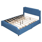 Lit plateforme capitonné avec tête et pied de lit à clous décoratifs et 4 tiroirs. Sommier non nécessaire. Revêtement en velours.