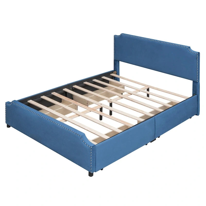 Lit plateforme capitonné avec tête et pied de lit à clous décoratifs et 4 tiroirs. Sommier non nécessaire. Revêtement en velours.