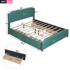 Lit plateforme capitonné avec tête et pied de lit à clous décoratifs et 4 tiroirs. Sommier non nécessaire. Revêtement en velours.