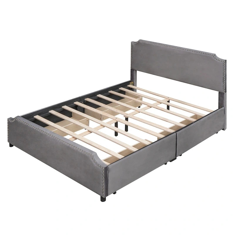 Lit plateforme capitonné avec tête et pied de lit à clous décoratifs et 4 tiroirs. Sommier non nécessaire. Revêtement en velours.