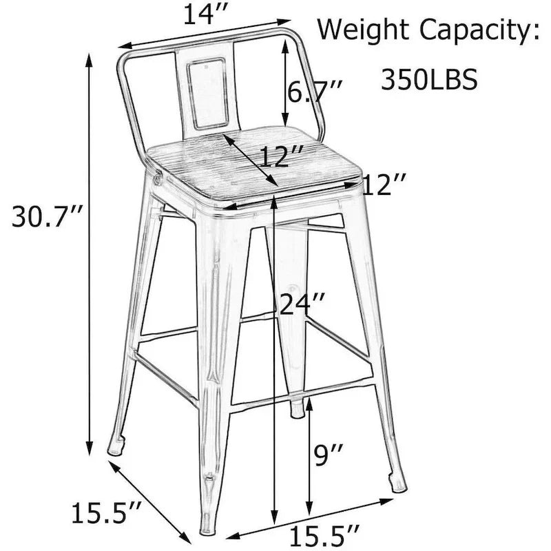 Tabourets de bar Andeworld, 61 cm (24 pouces), en métal avec dossier, lot de 4