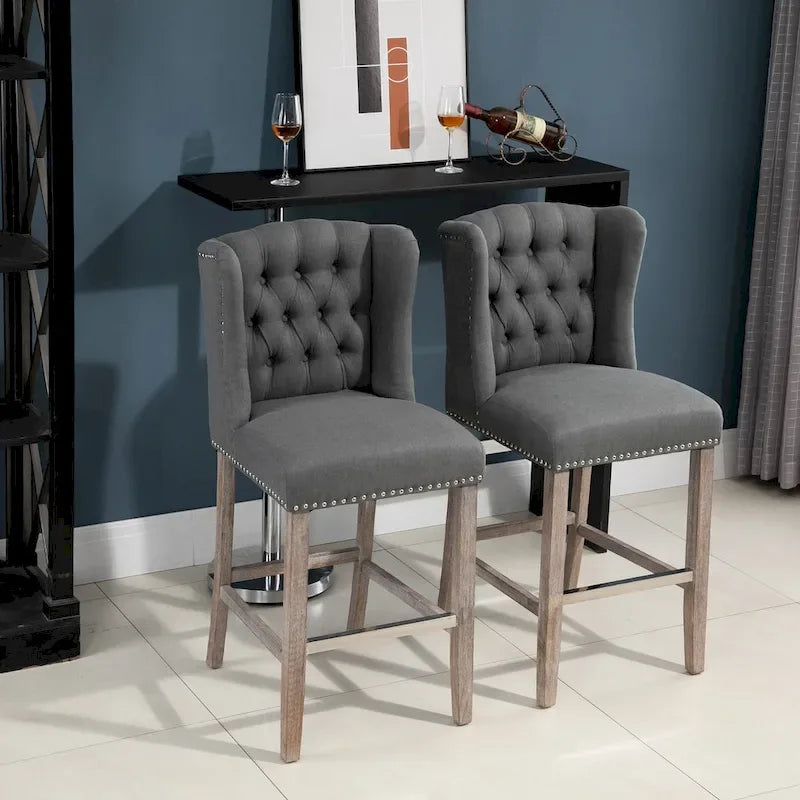 Tabourets de bar HOMCOM (lot de 2) pour cuisine et petit-déjeuner, avec garniture cloutée, dossier capitonné et pieds en bois massif.