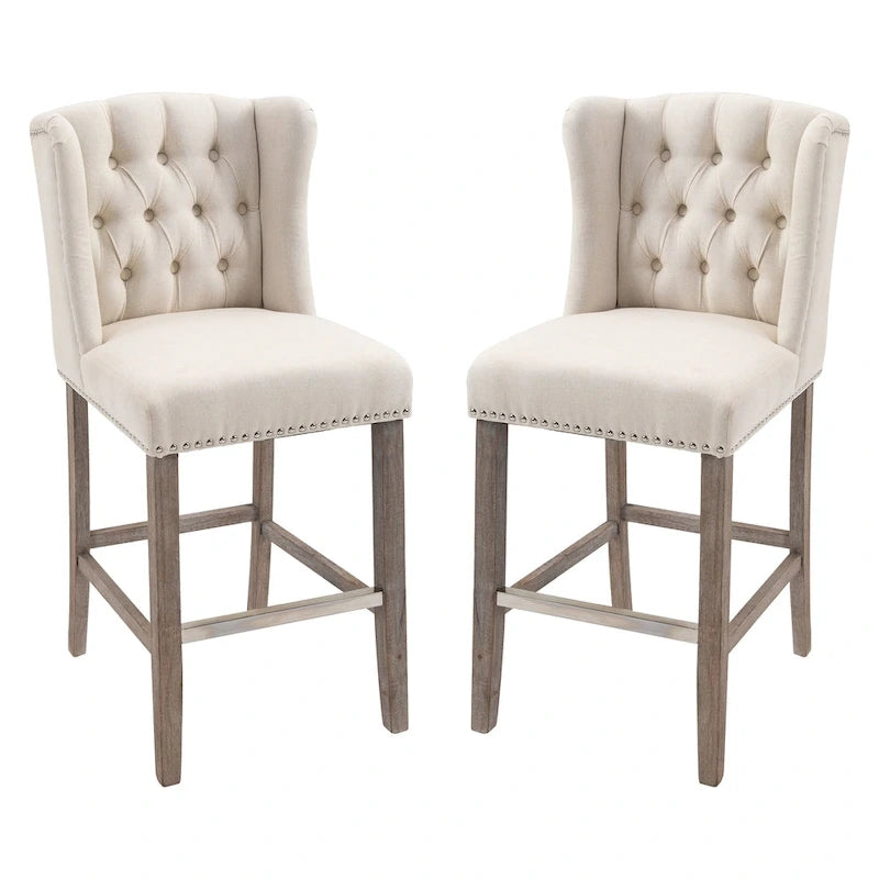 Tabourets de bar HOMCOM (lot de 2) pour cuisine et petit-déjeuner, avec garniture cloutée, dossier capitonné et pieds en bois massif.