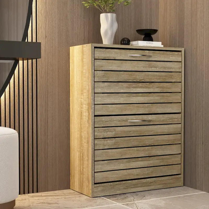 Meuble à chaussures 6-12 paires, deux tiroirs, gain de place, gris/chêne