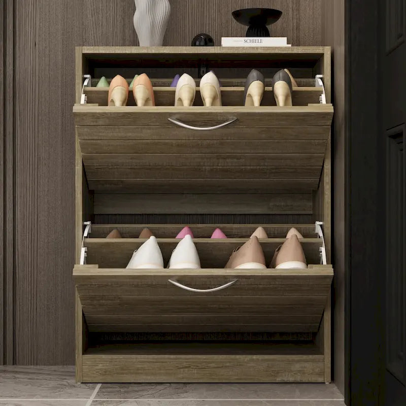 Meuble à chaussures 6-12 paires, deux tiroirs, gain de place, gris/chêne