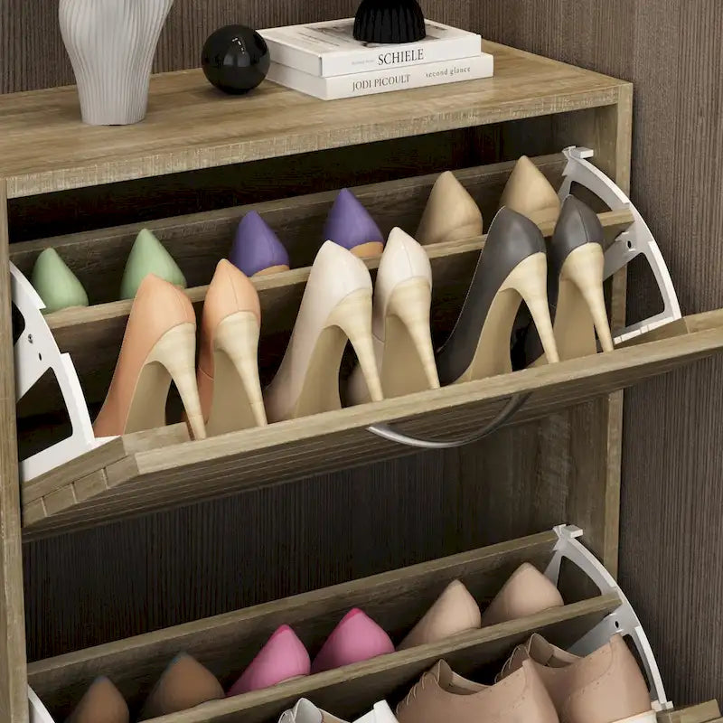 Meuble à chaussures 6-12 paires, deux tiroirs, gain de place, gris/chêne