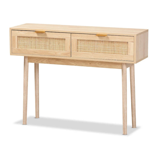 Console Baird en bois et rotin, finition chêne clair brun, à 2 tiroirs