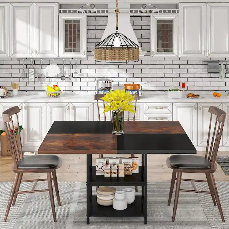 Table de salle à manger ronde pour 4 personnes, table de cuisine de 120 cm avec étagère de rangement