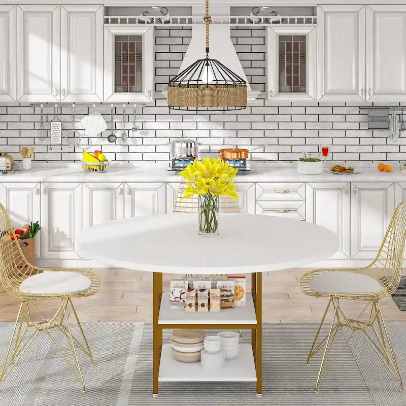 Table de salle à manger ronde pour 4 personnes, table de cuisine de 120 cm avec étagère de rangement