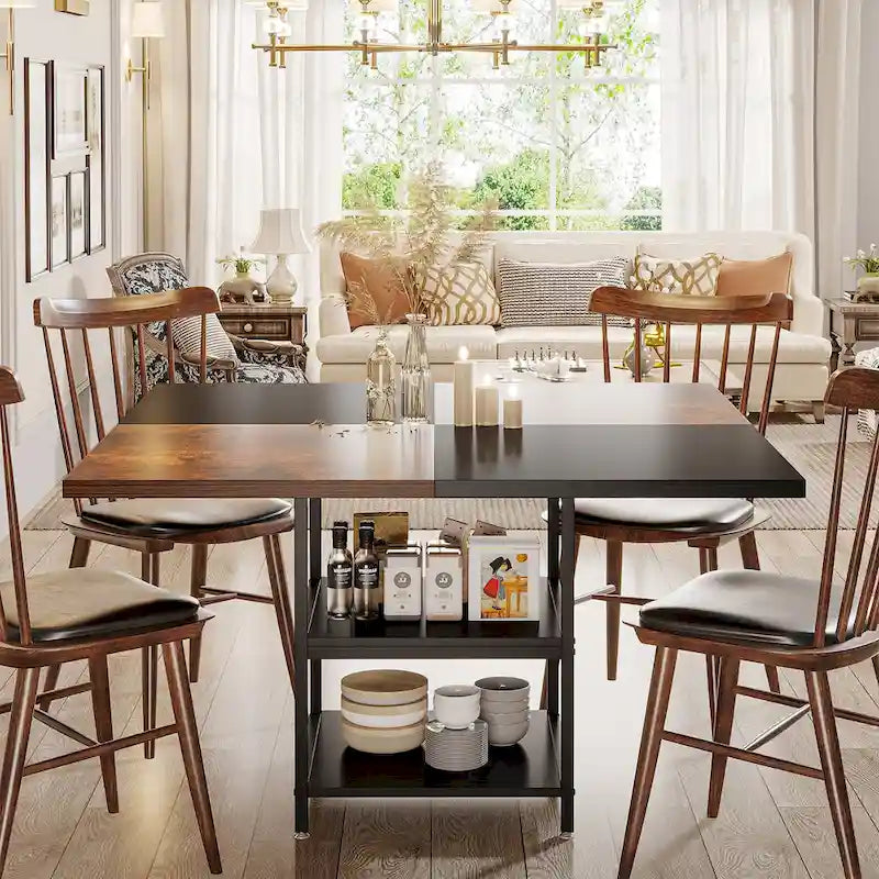 Table de salle à manger ronde pour 4 personnes, table de cuisine de 120 cm avec étagère de rangement