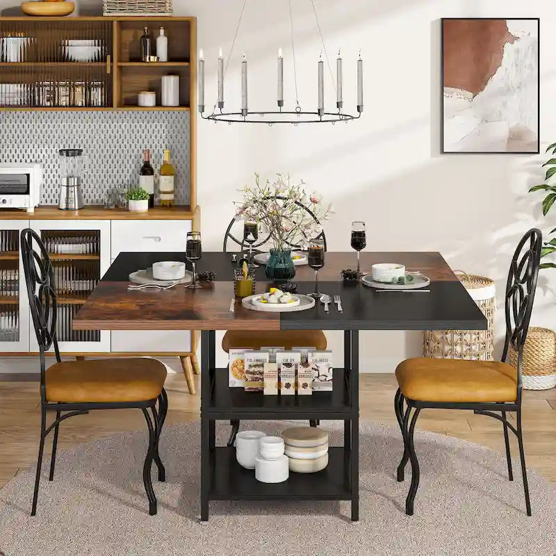 Table de salle à manger ronde pour 4 personnes, table de cuisine de 120 cm avec étagère de rangement