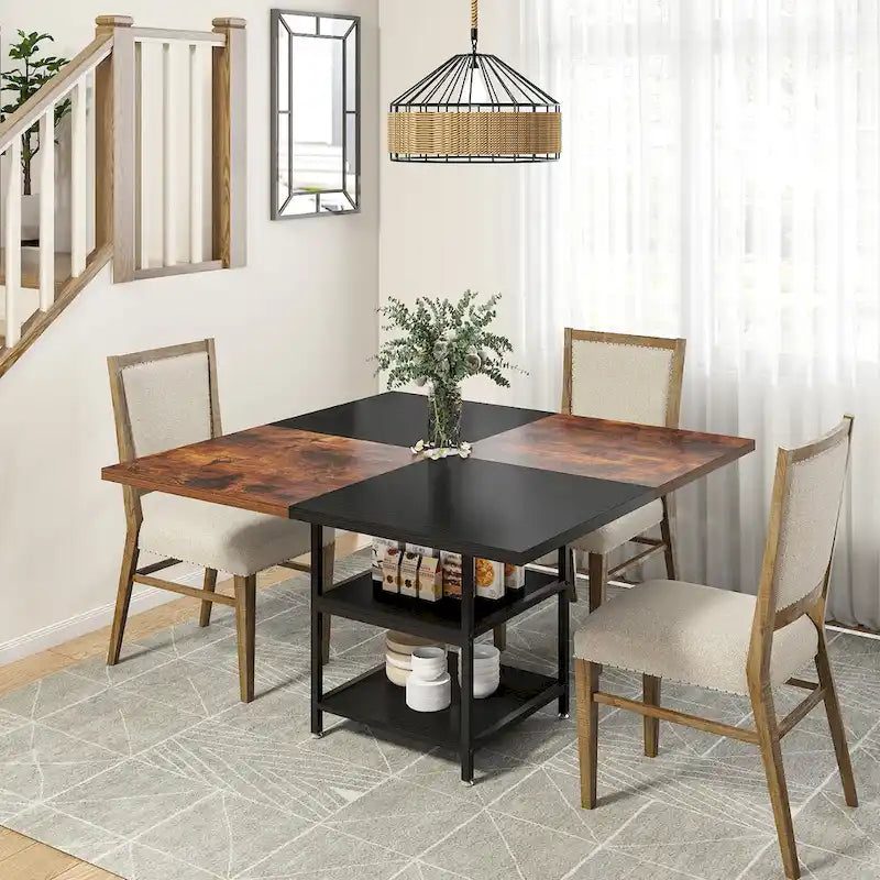 Table de salle à manger ronde pour 4 personnes, table de cuisine de 120 cm avec étagère de rangement