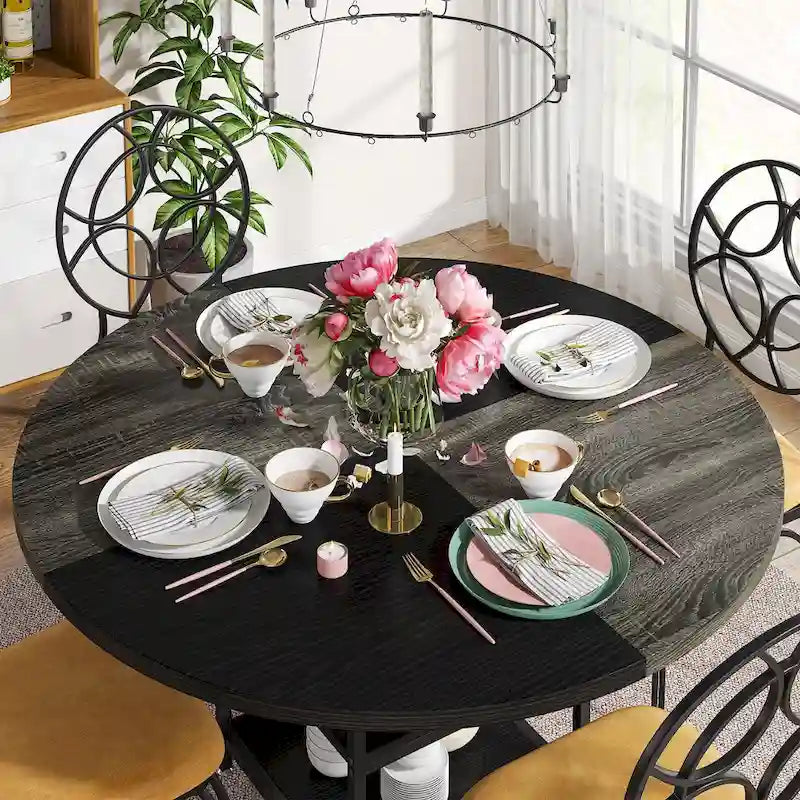 Table de salle à manger ronde pour 4 personnes, table de cuisine de 120 cm avec étagère de rangement
