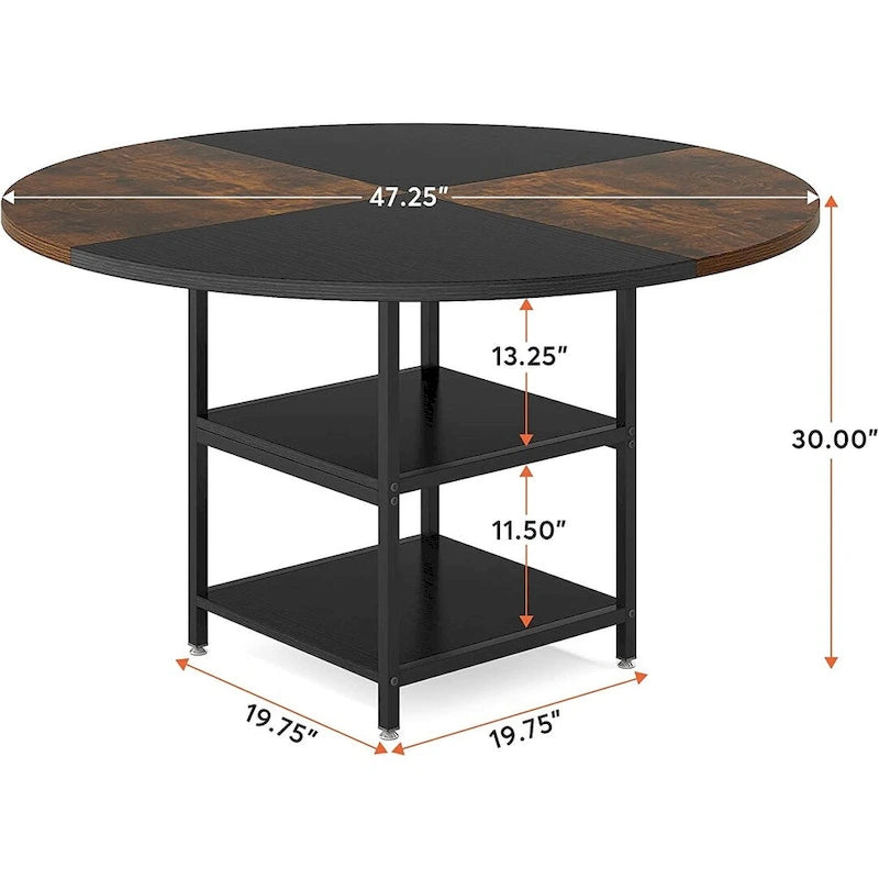 Table de salle à manger ronde pour 4 personnes, table de cuisine de 120 cm avec étagère de rangement