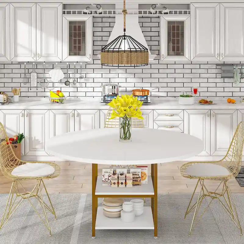 Table de salle à manger ronde pour 4 personnes, table de cuisine de 120 cm avec étagère de rangement