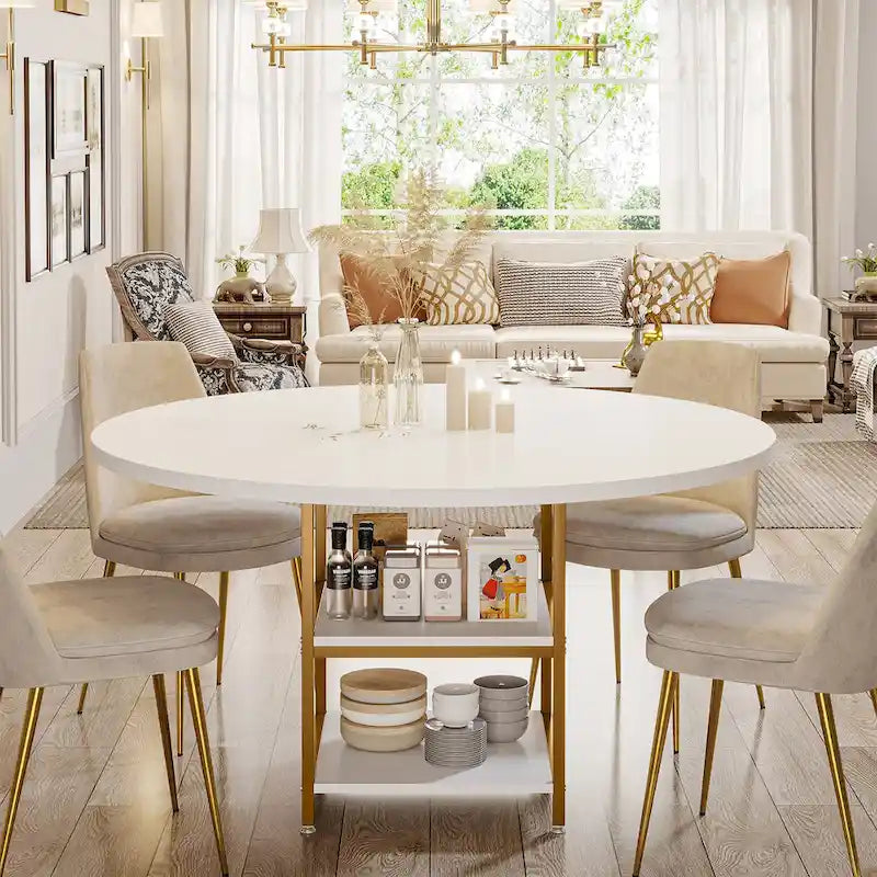 Table de salle à manger ronde pour 4 personnes, table de cuisine de 120 cm avec étagère de rangement