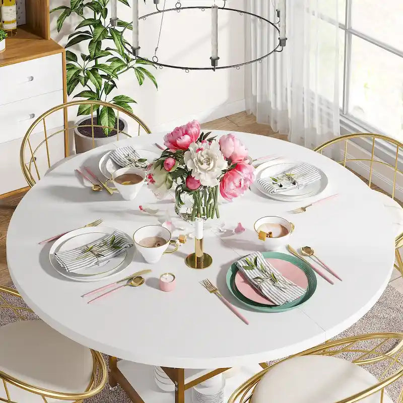 Table de salle à manger ronde pour 4 personnes, table de cuisine de 120 cm avec étagère de rangement