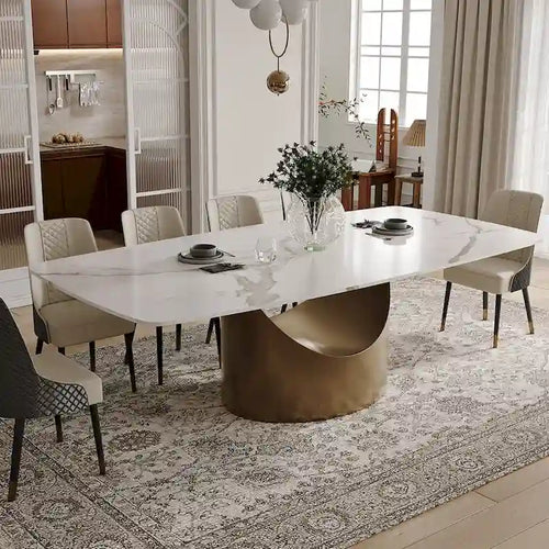 Table de salle à manger moderne Hobart 63-94 avec plateau rectangulaire en pierre frittée et pieds en acier au carbone pour 4 à 10 personnes