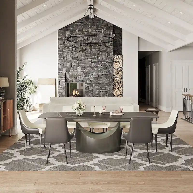 Table de salle à manger moderne Hobart 63-94 avec plateau rectangulaire en pierre frittée et pieds en acier au carbone pour 4 à 10 personnes