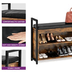Ensemble porte-manteau industriel, banc à chaussures et rangement mural.