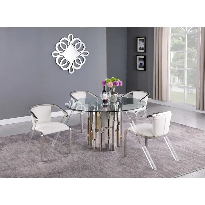 Somette Contemporary Round Glass Table with Steel & Golden Cluster Design Base